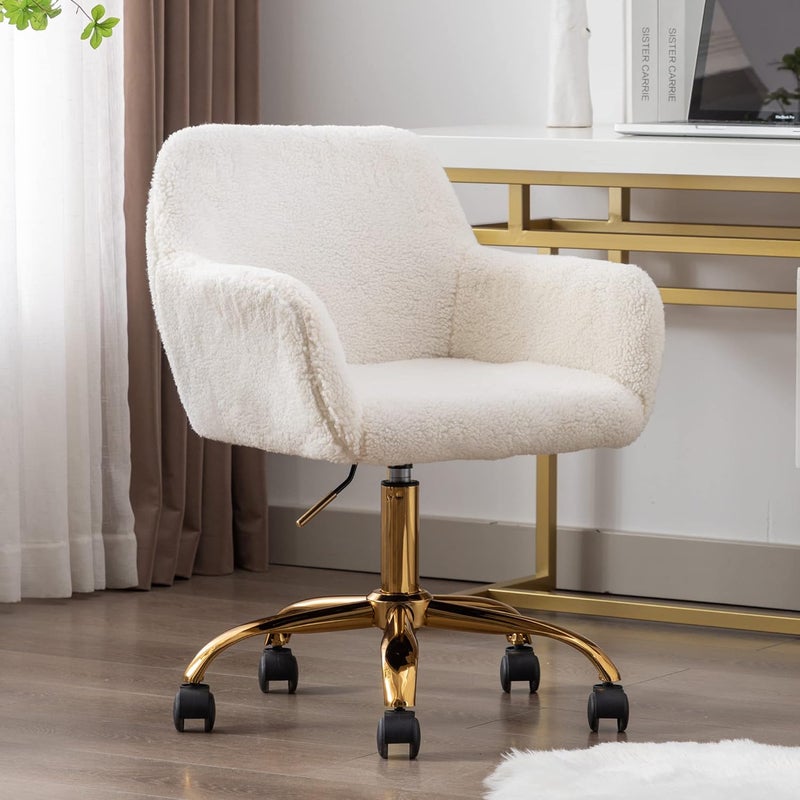 KCC Faux Fur Office Desk Chair, Comfy Swivel Armchair with Wheels, Upholstered Fuzzy Vanity Chair, Adjustable Height, White - Image 2